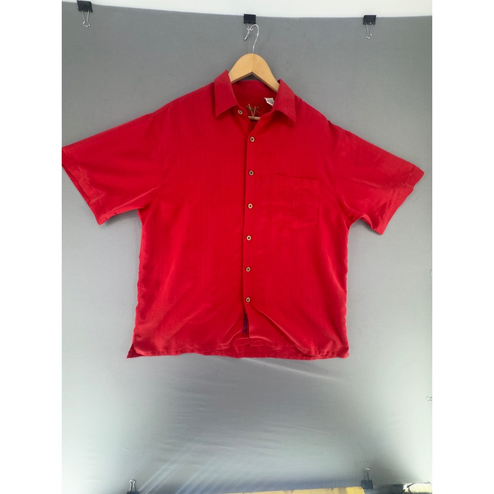 Bamboo Cay Mens L Red Hidden Palm Embroidered Camp Shirt Short Sleeve large EUC